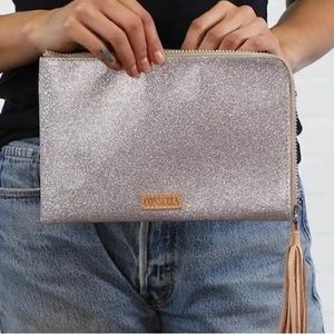 CONSUELA JAZZ L-SHAPED CLUTCH Two tone silver gold glitter large clutch NEW